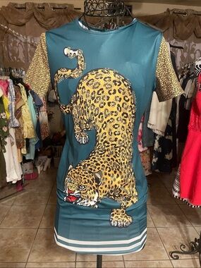 Teal Mini Dress with Leopard Graphic